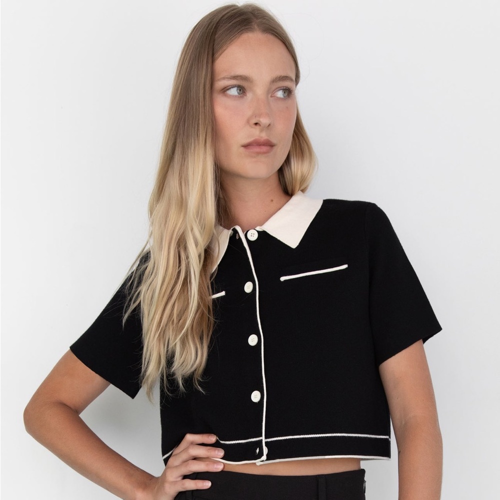 Oak + Fort Cropped Knit Contrast Trim Polo Top